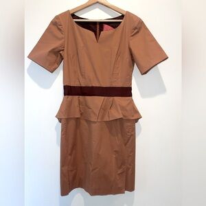 Z Spoke by Zac Posen Designer Brown Peplum Midi Dress Ribbon Detail size 10 EUC